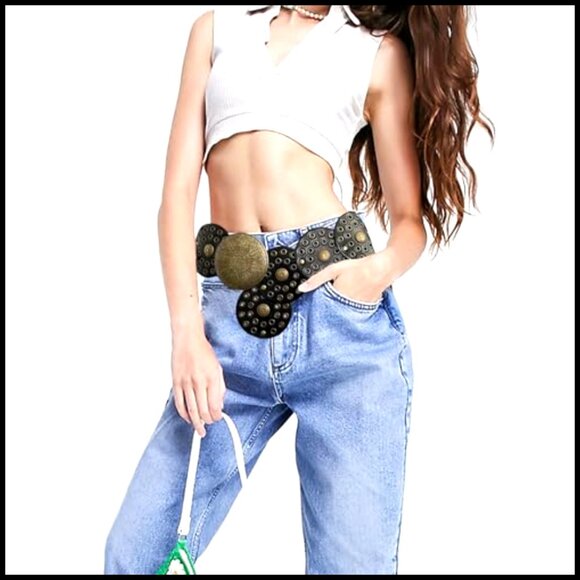 Chunky Western Belt Boho Y2K Vintage Disc Concho Leather Waist Belt Adjustable